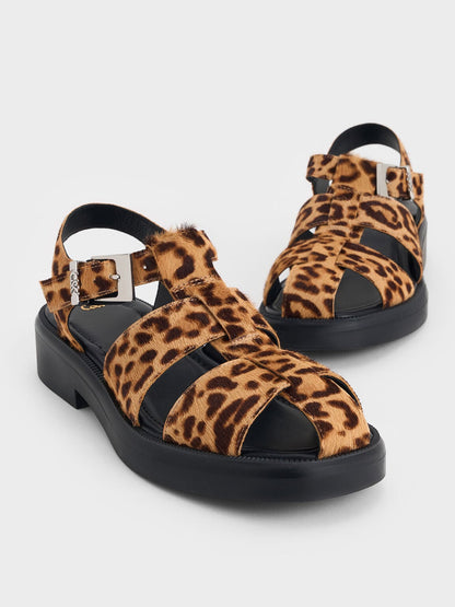 Leopard-Print Textured Caged Sandals - Multi | CHARLES & KEITH