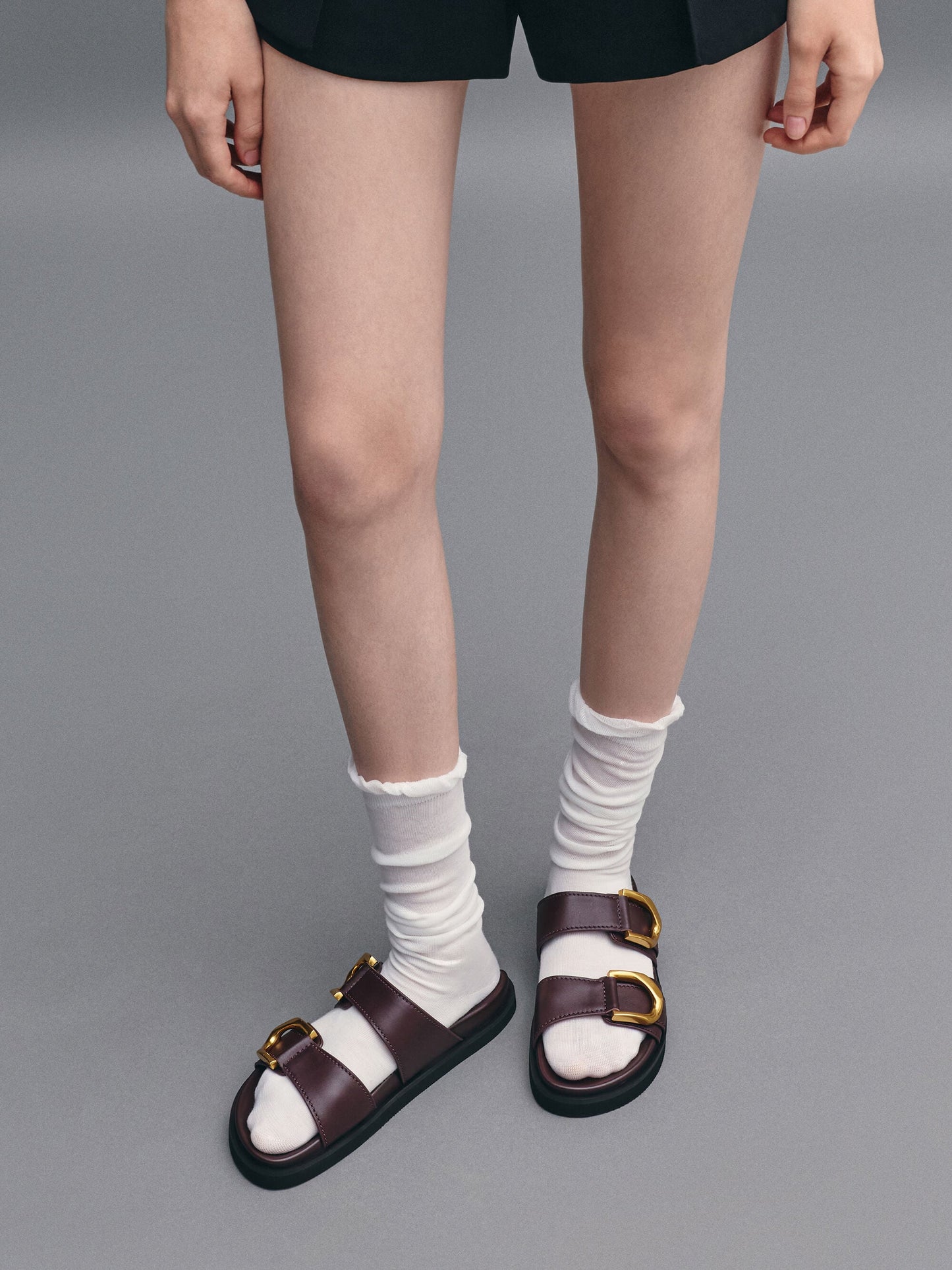 Gabine Gold-Buckle Leather Slides - Plum | CHARLES & KEITH