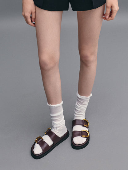 Gabine Gold-Buckle Leather Slides - Plum | CHARLES & KEITH