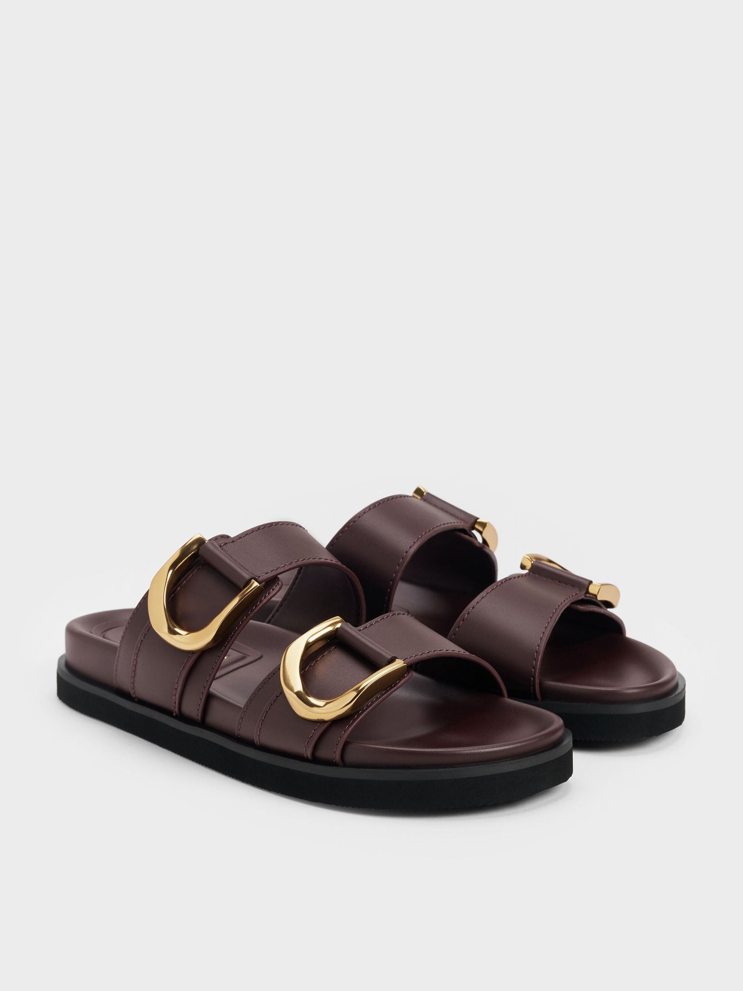 Gabine Gold-Buckle Leather Slides - Plum | CHARLES & KEITH