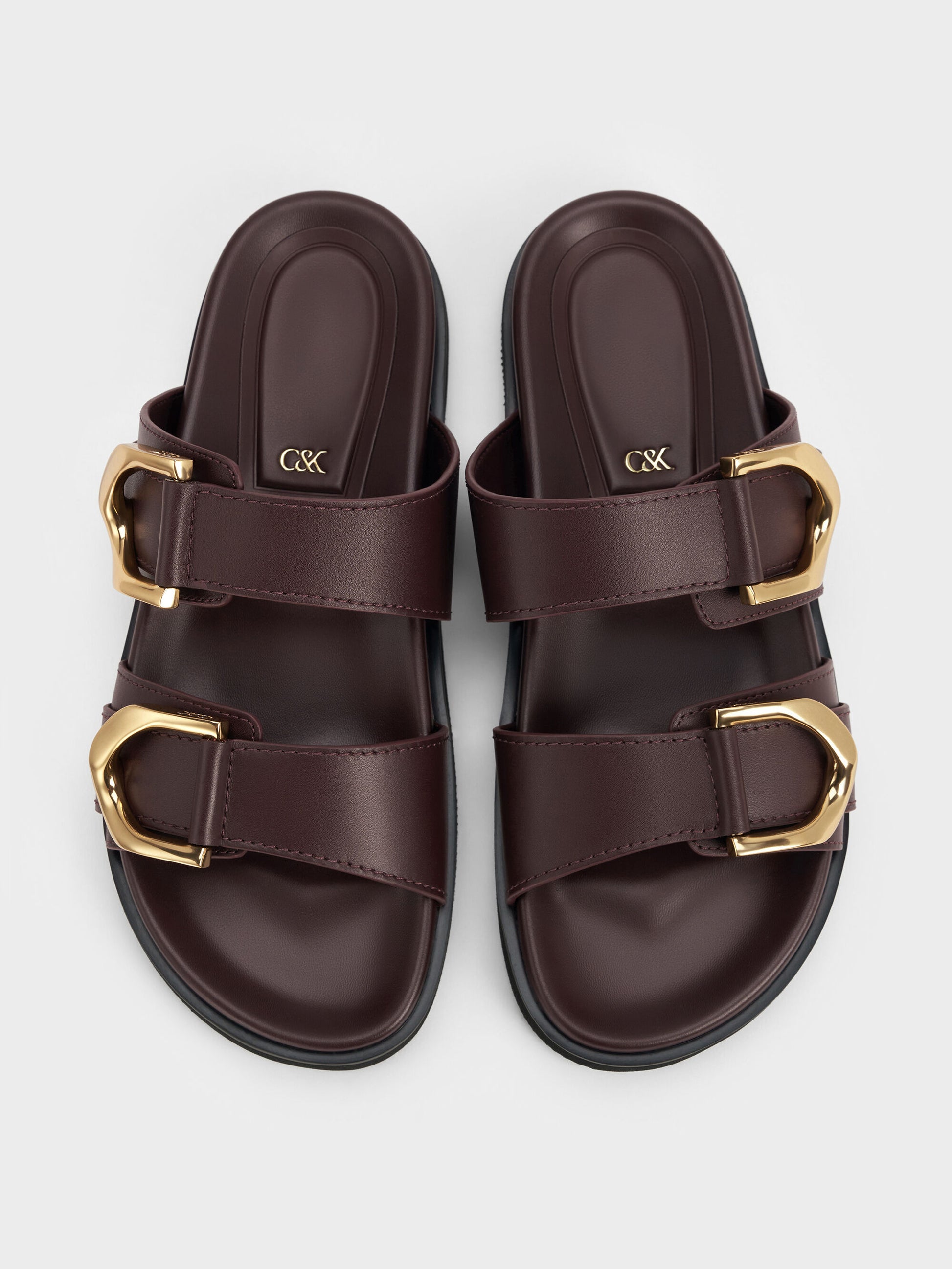 Gabine Gold-Buckle Leather Slides - Plum | CHARLES & KEITH