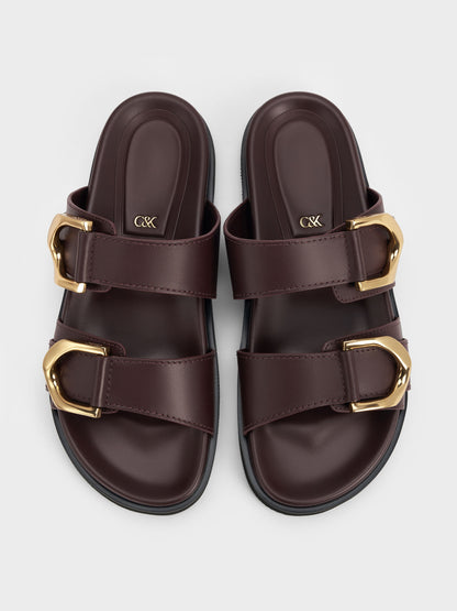 Gabine Gold-Buckle Leather Slides - Plum | CHARLES & KEITH