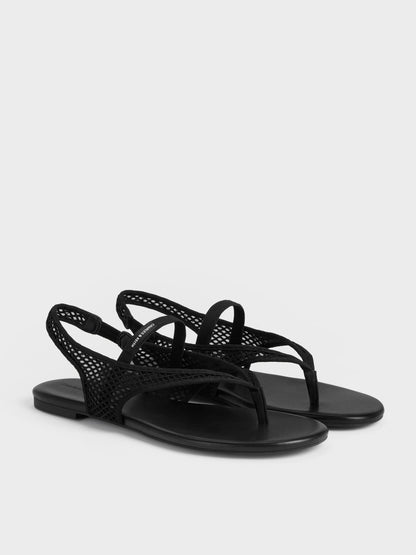 Ellory Mesh Thong Slingback Sandals - Black Textured | CHARLES & KEITH