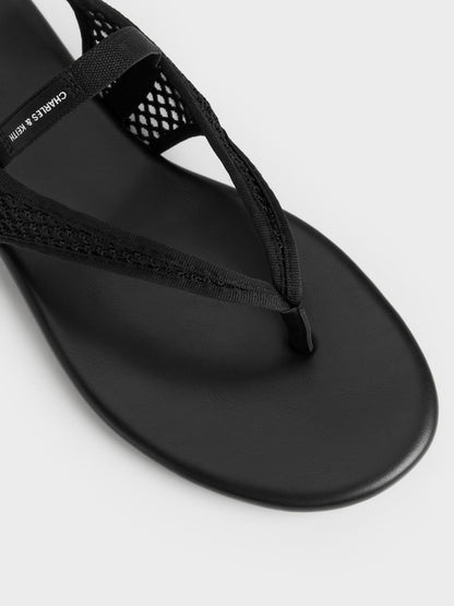Ellory Mesh Thong Slingback Sandals - Black Textured | CHARLES & KEITH