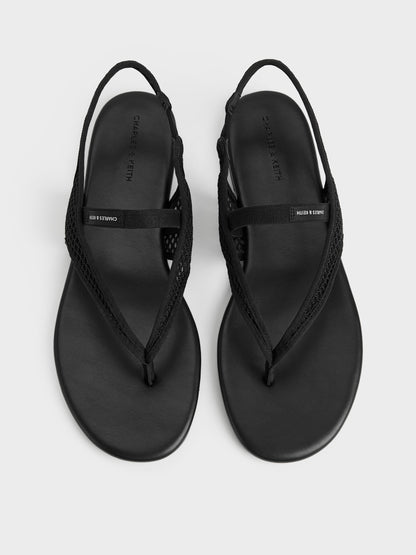 Ellory Mesh Thong Slingback Sandals - Black Textured | CHARLES & KEITH