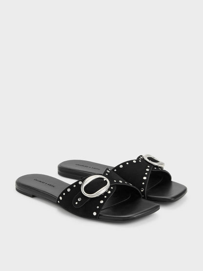 Studded Buckled Slide Sandals - Black | CHARLES & KEITH