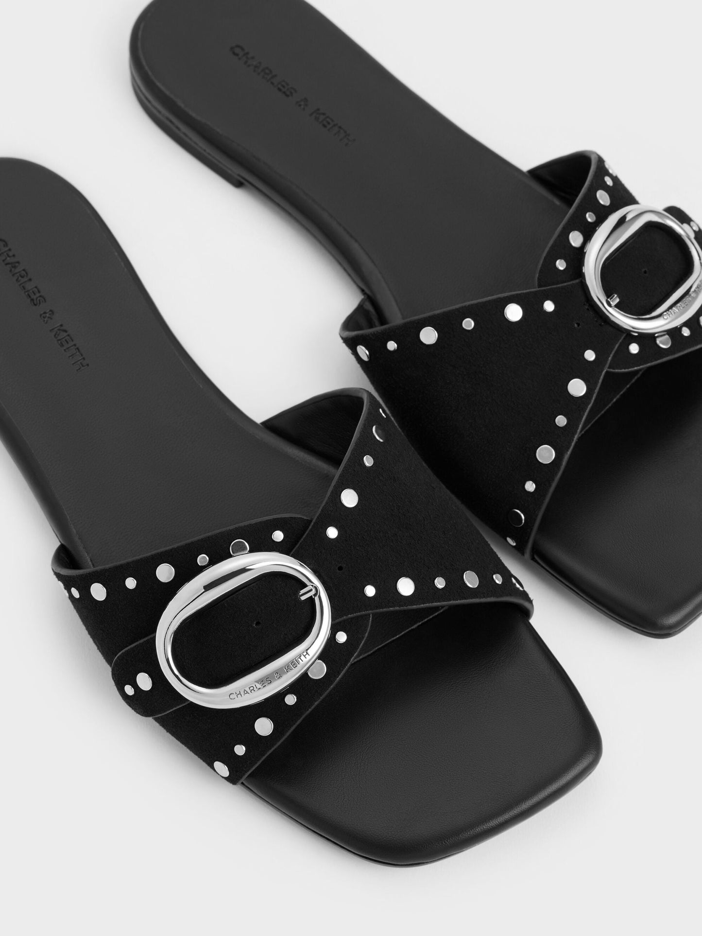 Studded Buckled Slide Sandals - Black | CHARLES & KEITH
