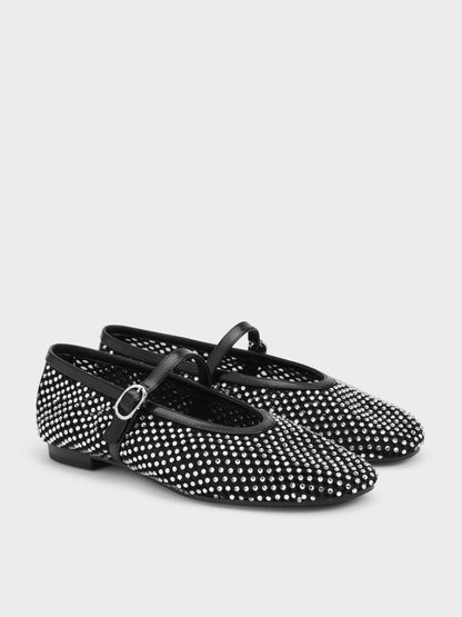 Maggie Mesh Crystal Mary Janes - Black | CHARLES & KEITH