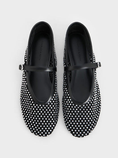 Maggie Mesh Crystal Mary Janes - Black | CHARLES & KEITH
