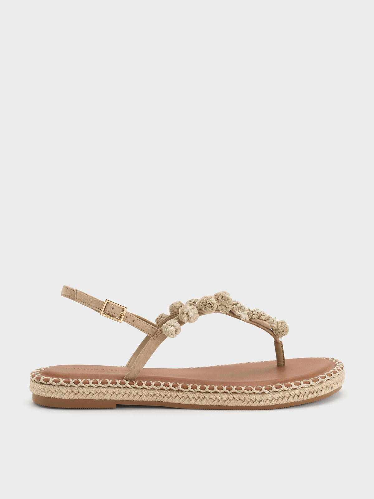 Faux Suede Flower Espadrille Thong Sandals - Sand | CHARLES & KEITH