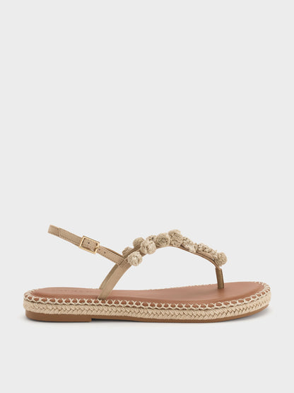 Faux Suede Flower Espadrille Thong Sandals - Sand | CHARLES & KEITH