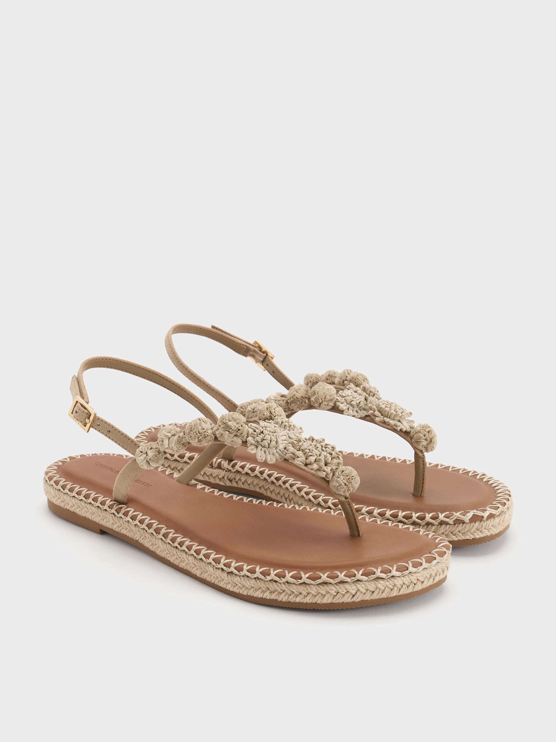 Faux Suede Flower Espadrille Thong Sandals - Sand | CHARLES & KEITH