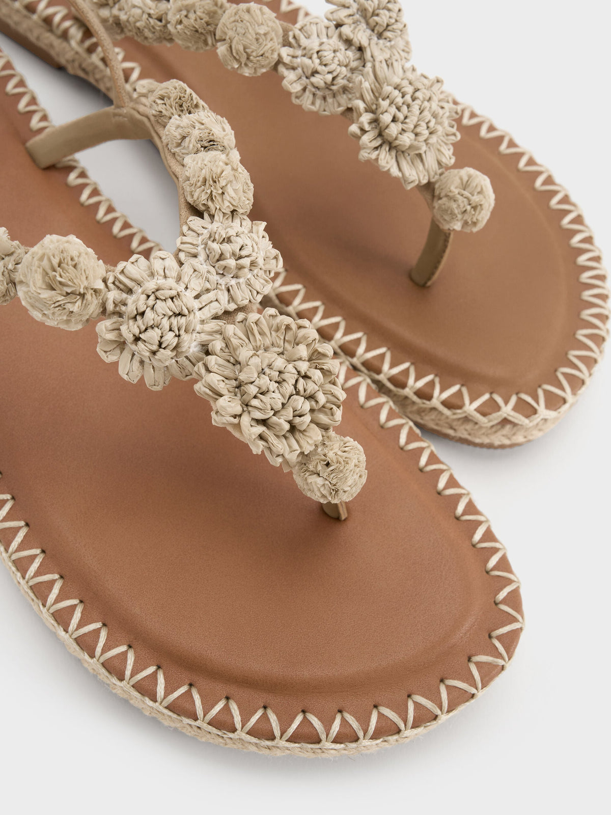 Faux Suede Flower Espadrille Thong Sandals - Sand | CHARLES & KEITH