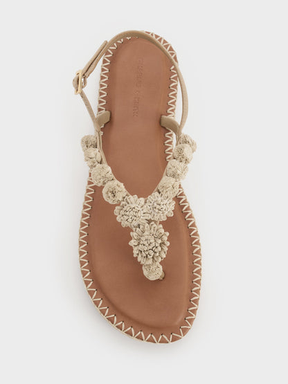 Faux Suede Flower Espadrille Thong Sandals - Sand | CHARLES & KEITH