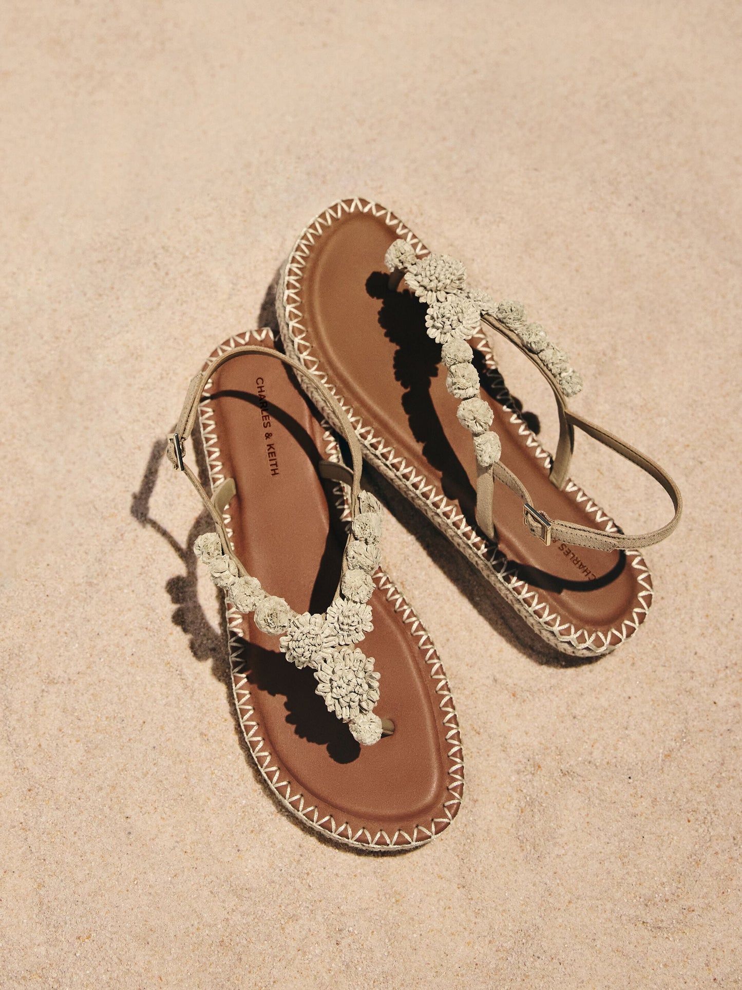 Faux Suede Flower Espadrille Thong Sandals - Sand | CHARLES & KEITH