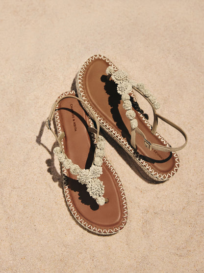 Faux Suede Flower Espadrille Thong Sandals - Sand | CHARLES & KEITH