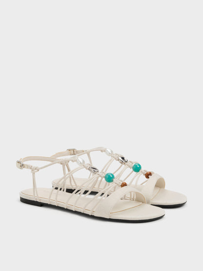 Georgie Linen Bead Strappy Sandals - Chalk | CHARLES & KEITH