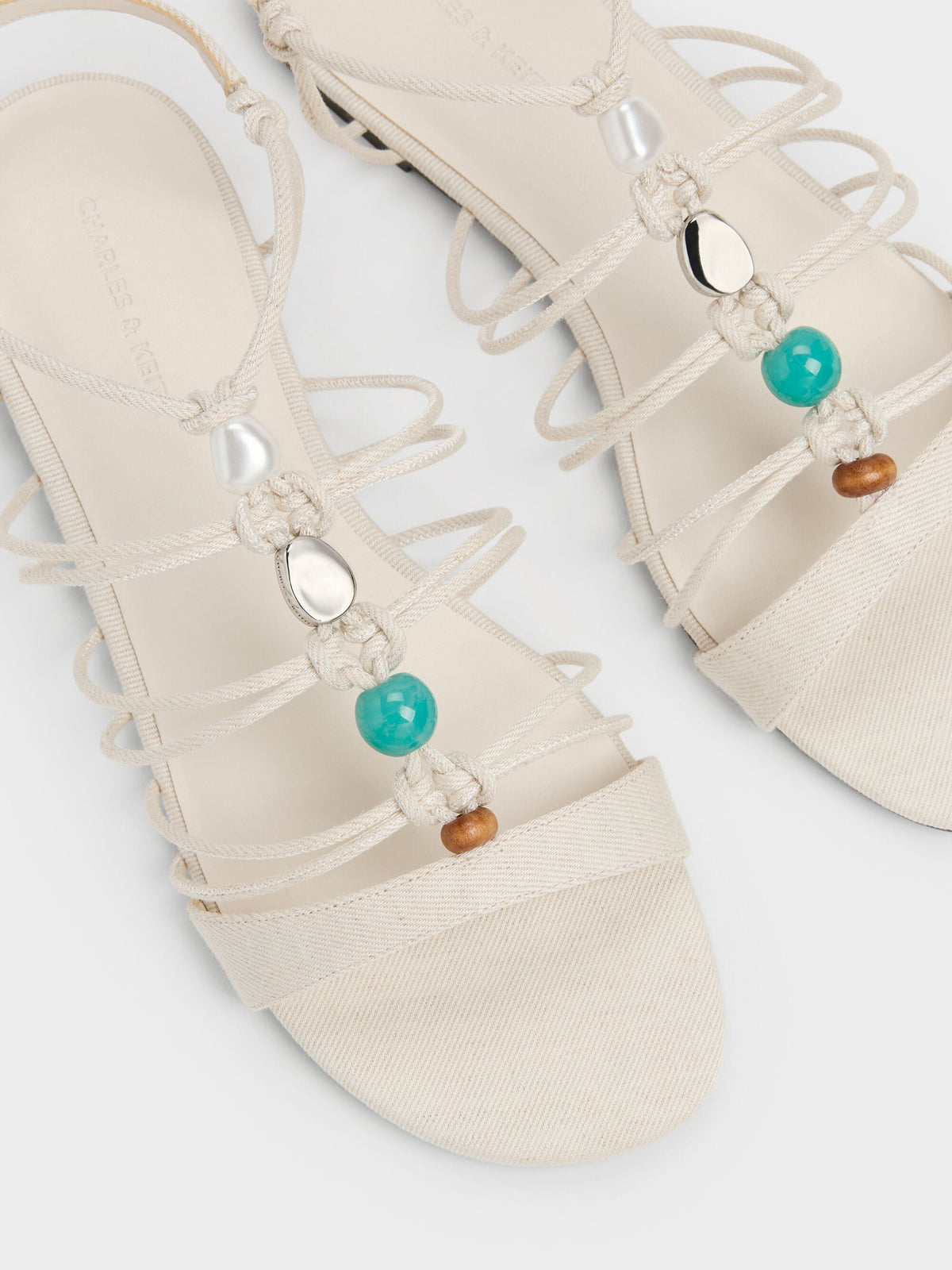 Georgie Linen Bead Strappy Sandals - Chalk | CHARLES & KEITH