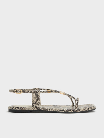 Snake-Print Metallic-Accent Toe-Ring Sandals - Animal Print Natural | CHARLES & KEITH