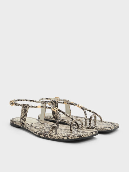 Snake-Print Metallic-Accent Toe-Ring Sandals - Animal Print Natural | CHARLES & KEITH