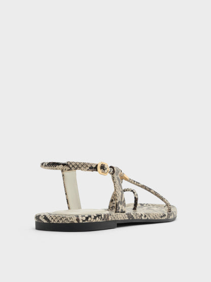 Snake-Print Metallic-Accent Toe-Ring Sandals - Animal Print Natural | CHARLES & KEITH