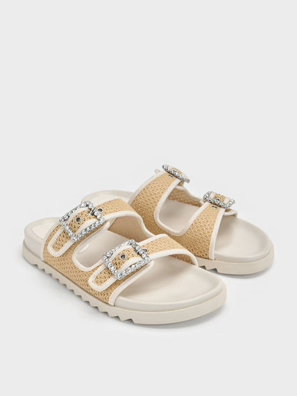 Raffia Gem-Buckle Double-Strap Sandals - Sand | CHARLES & KEITH