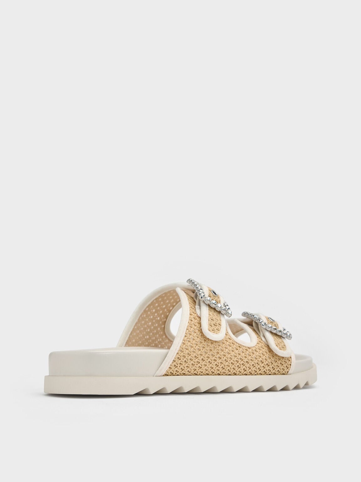Raffia Gem-Buckle Double-Strap Sandals - Sand | CHARLES & KEITH