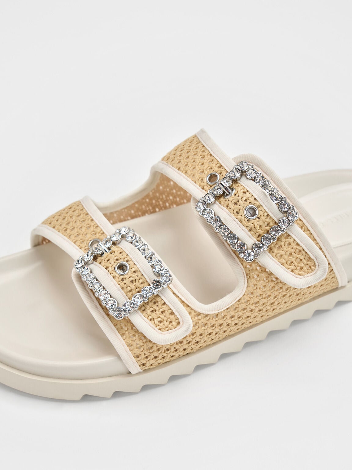 Raffia Gem-Buckle Double-Strap Sandals - Sand | CHARLES & KEITH