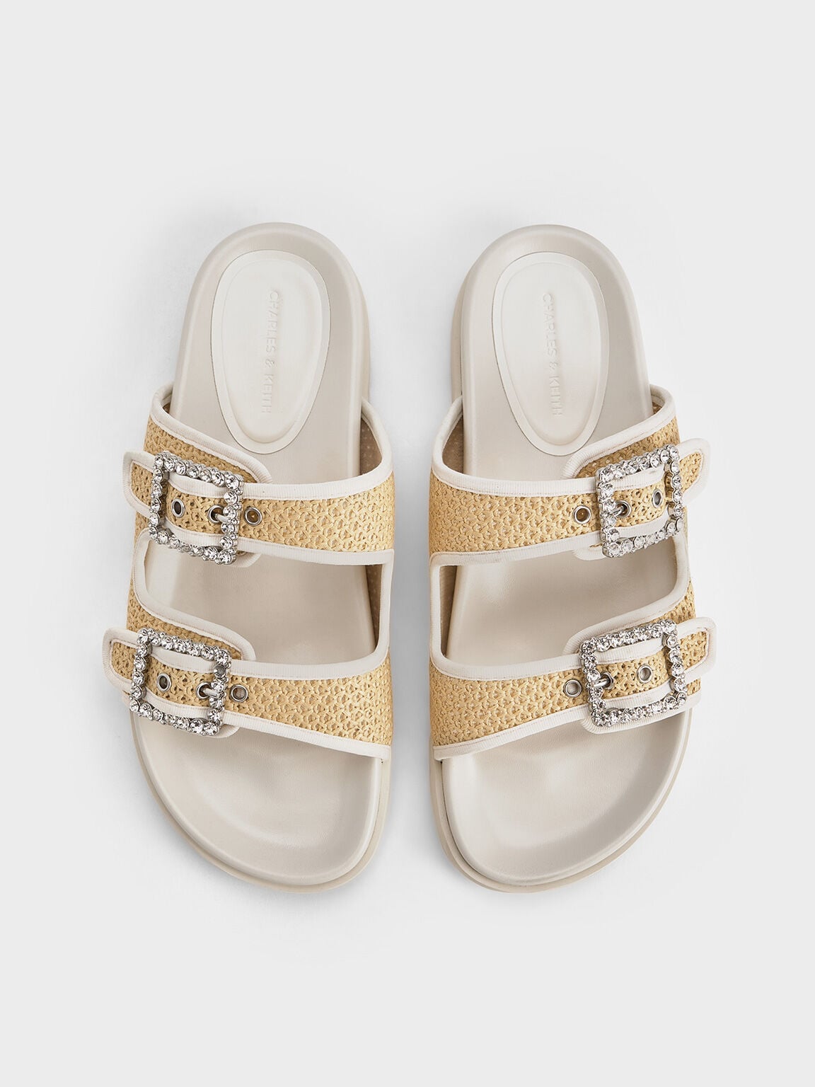 Raffia Gem-Buckle Double-Strap Sandals - Sand | CHARLES & KEITH