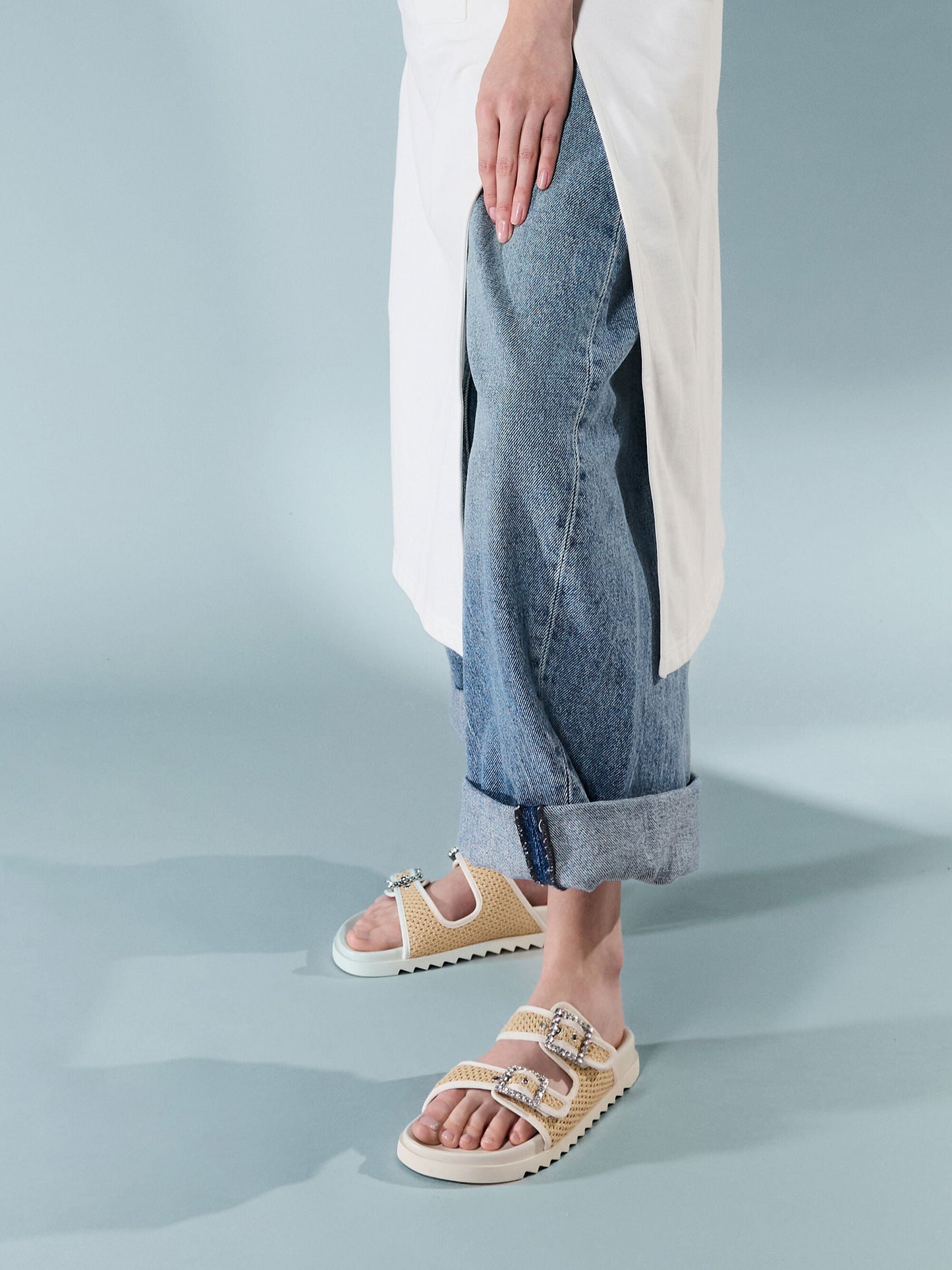 Raffia Gem-Buckle Double-Strap Sandals - Sand | CHARLES & KEITH