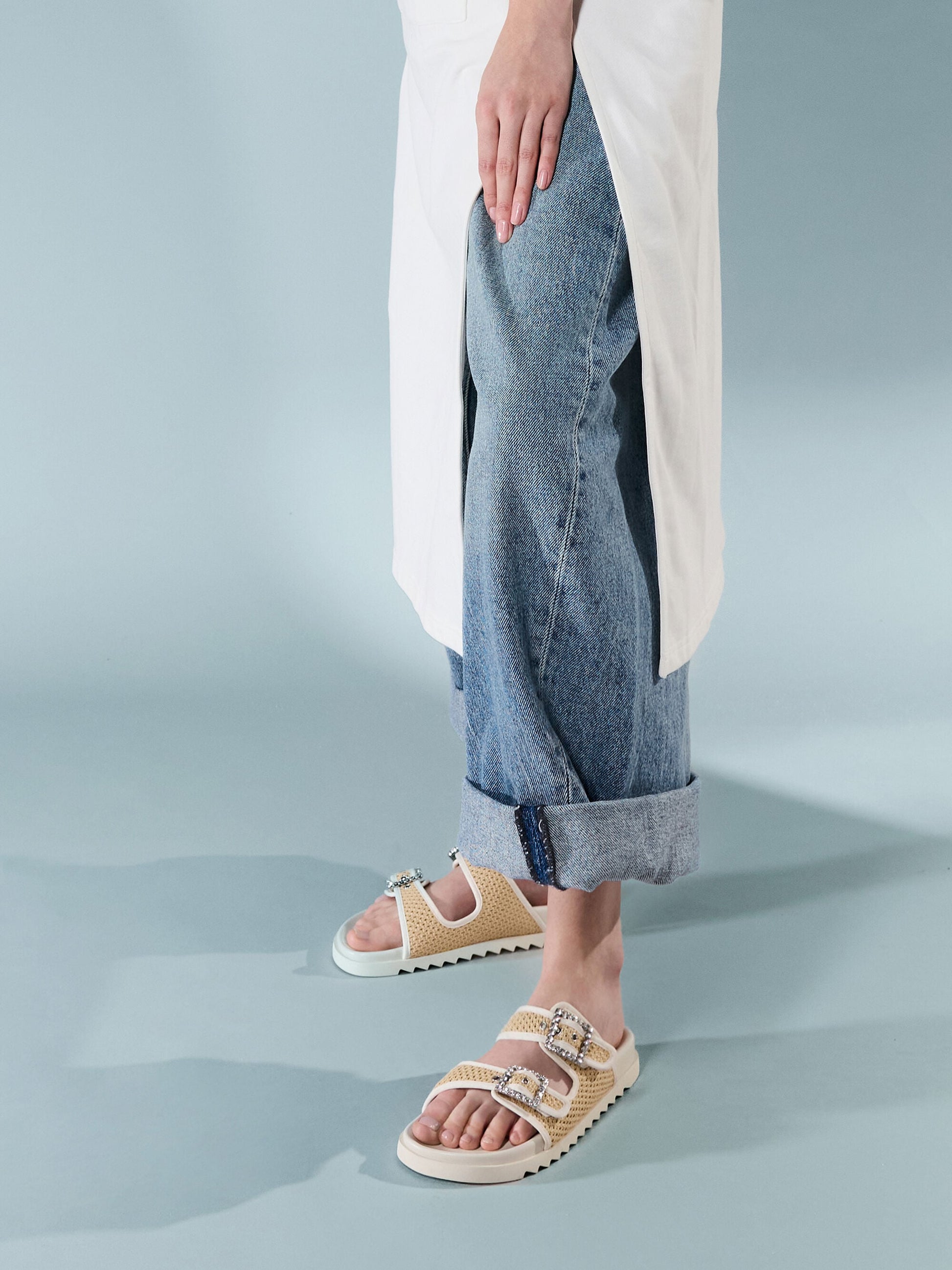 Raffia Gem-Buckle Double-Strap Sandals - Sand | CHARLES & KEITH