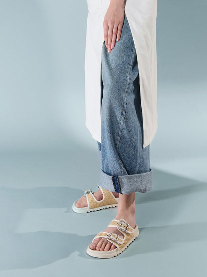 Raffia Gem-Buckle Double-Strap Sandals - Sand | CHARLES & KEITH