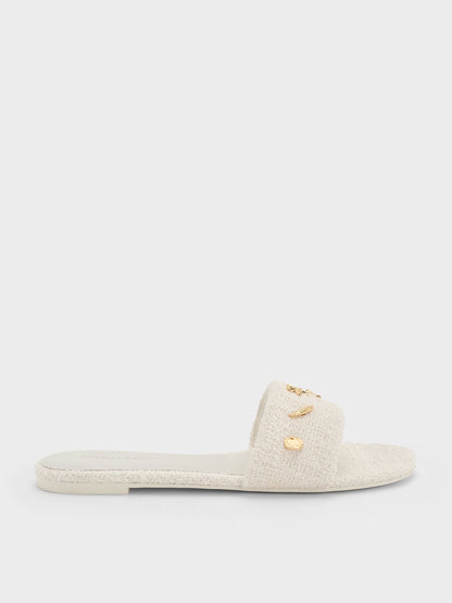 Tweed Beach Slide Sandals - Chalk | CHARLES & KEITH