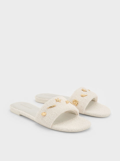 Tweed Beach Slide Sandals - Chalk | CHARLES & KEITH