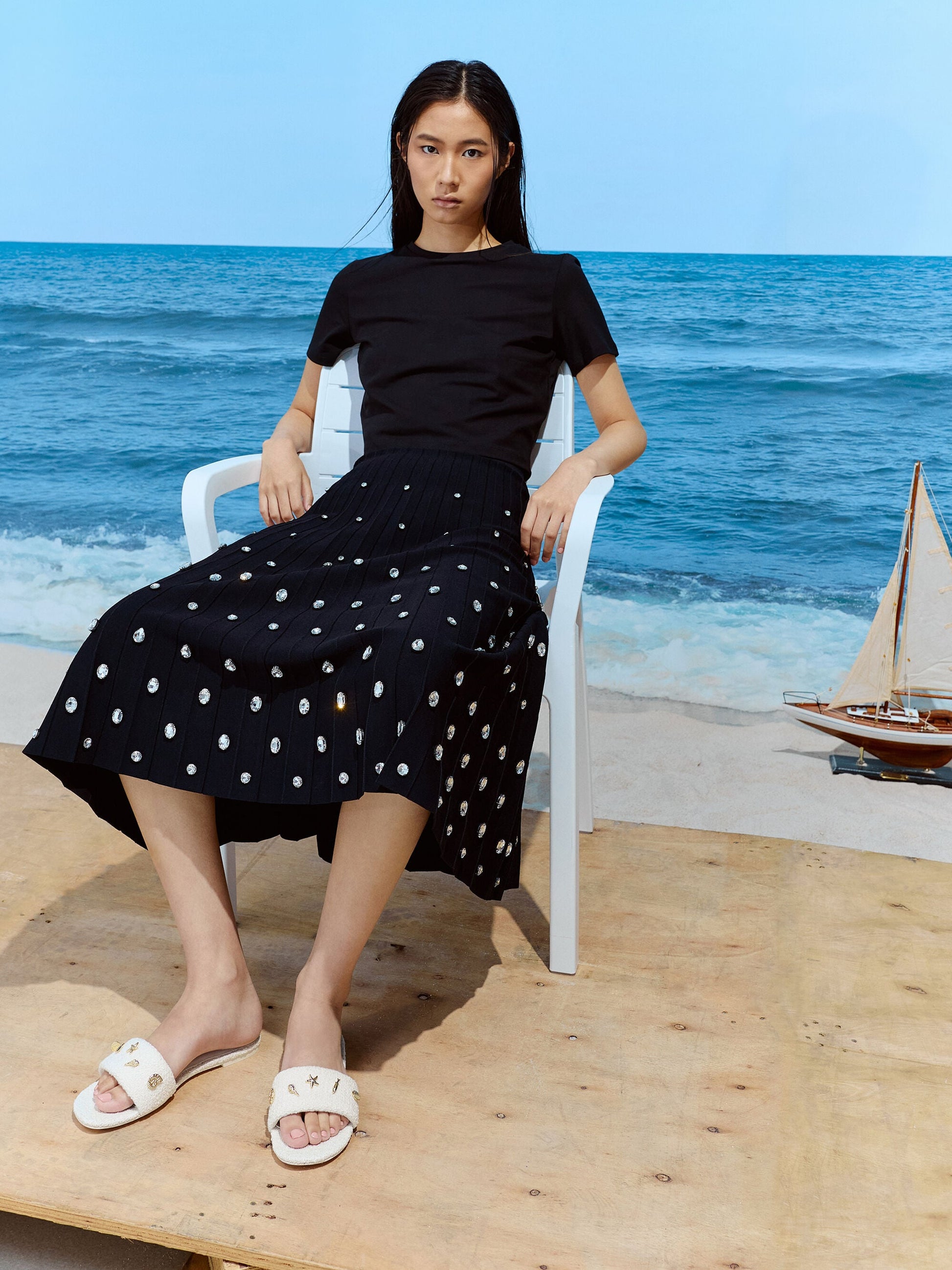 Tweed Beach Slide Sandals - Chalk | CHARLES & KEITH