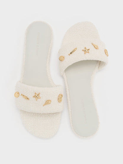 Tweed Beach Slide Sandals - Chalk | CHARLES & KEITH