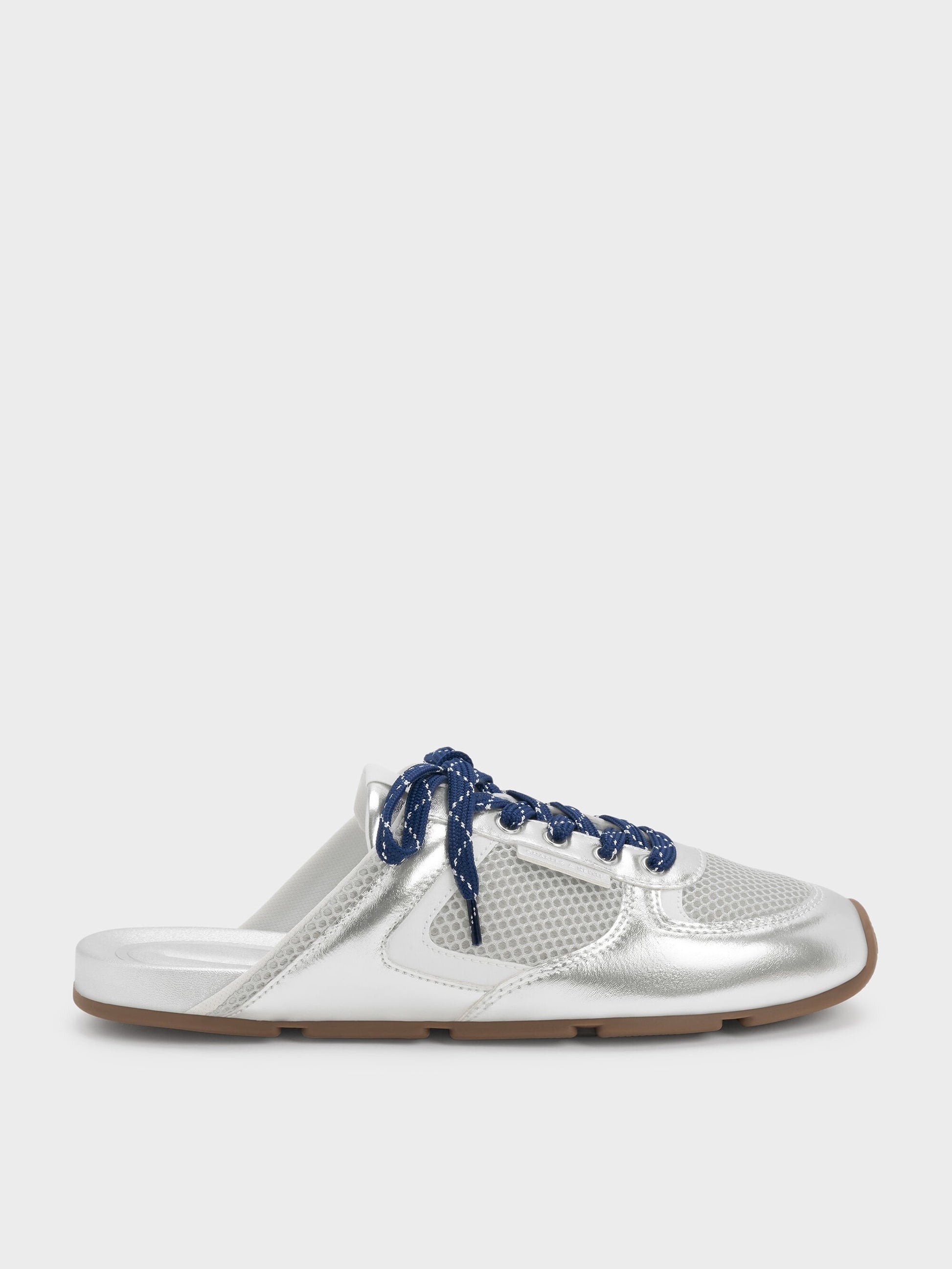 Metallic Mesh Lace-Up Sneaker Mules - Silver | CHARLES & KEITH
