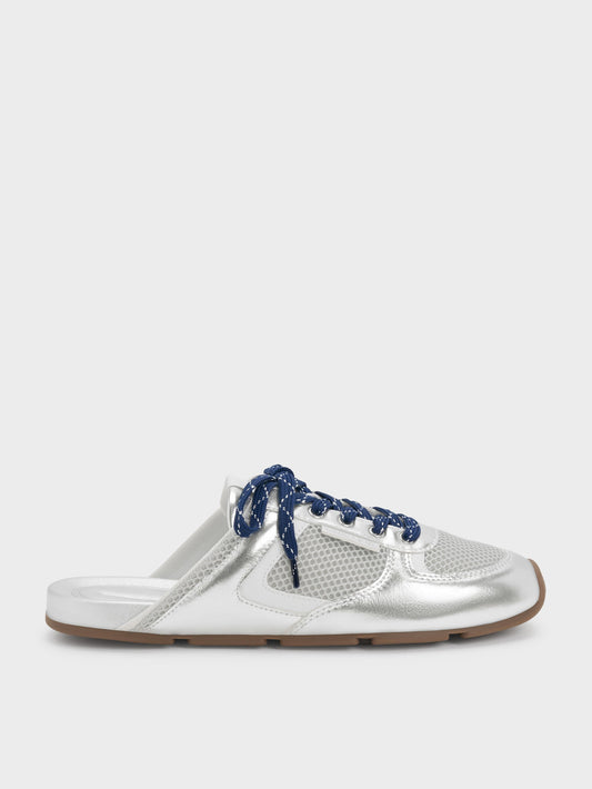 Metallic Mesh Lace-Up Sneaker Mules - Silver | CHARLES & KEITH