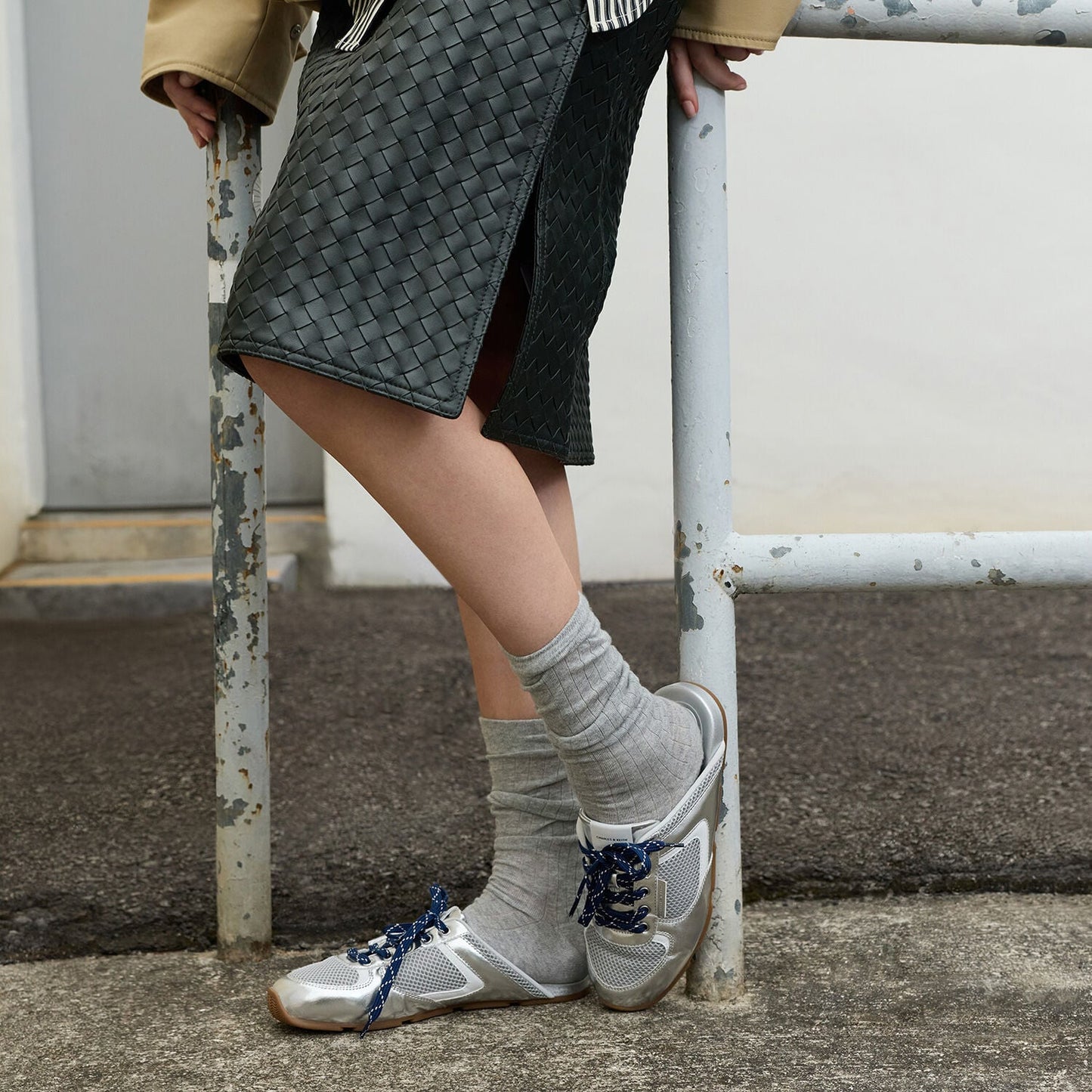 Metallic Mesh Lace-Up Sneaker Mules - Silver | CHARLES & KEITH