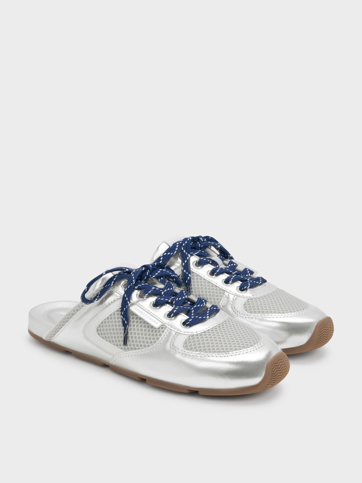 Metallic Mesh Lace-Up Sneaker Mules - Silver | CHARLES & KEITH