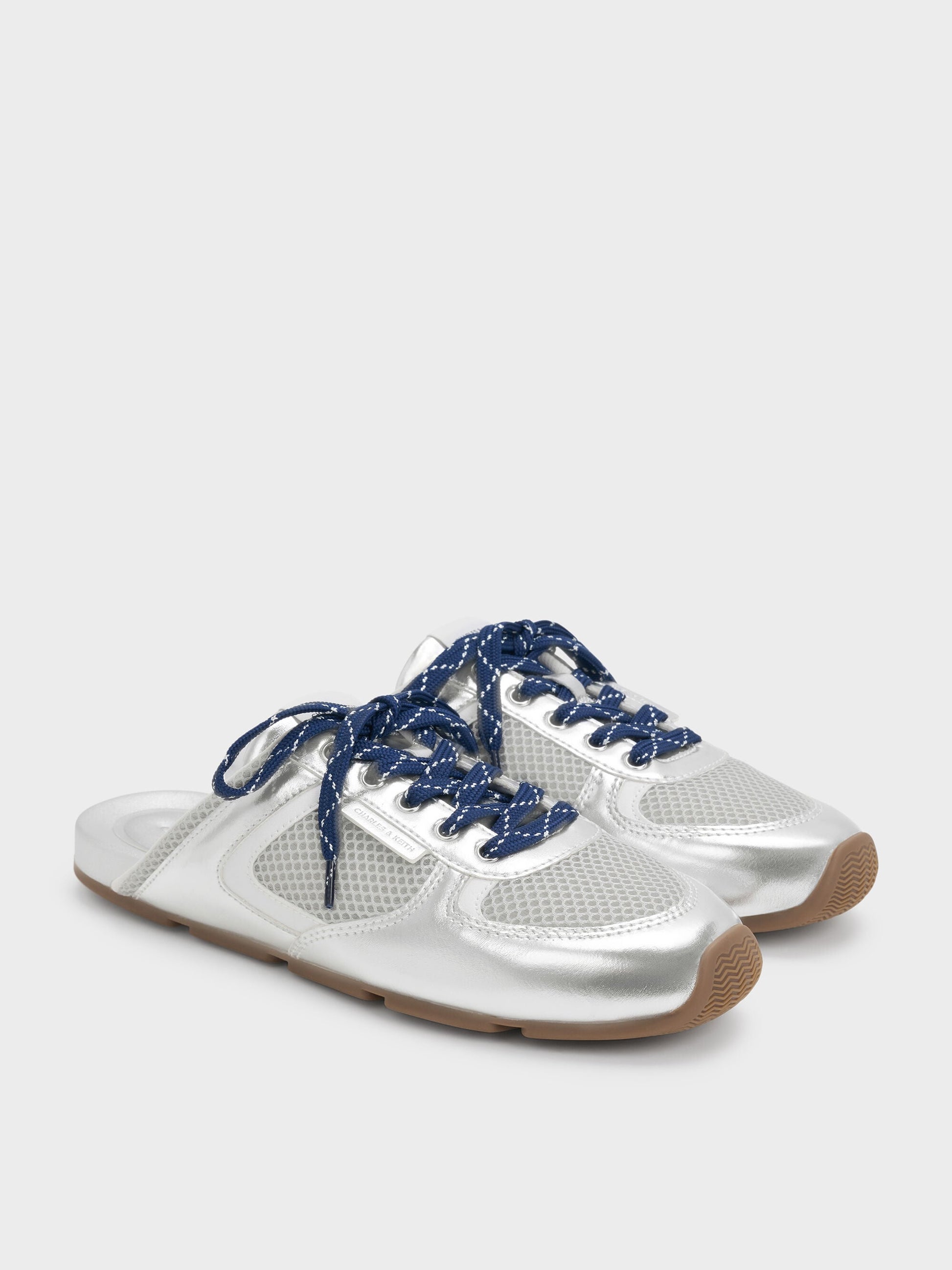 Metallic Mesh Lace-Up Sneaker Mules - Silver | CHARLES & KEITH