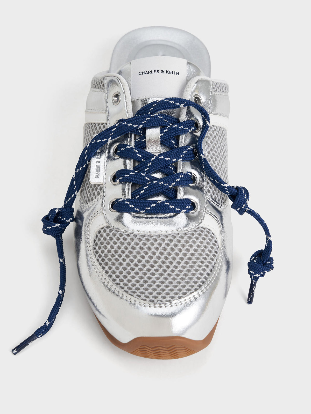 Metallic Mesh Lace-Up Sneaker Mules - Silver | CHARLES & KEITH