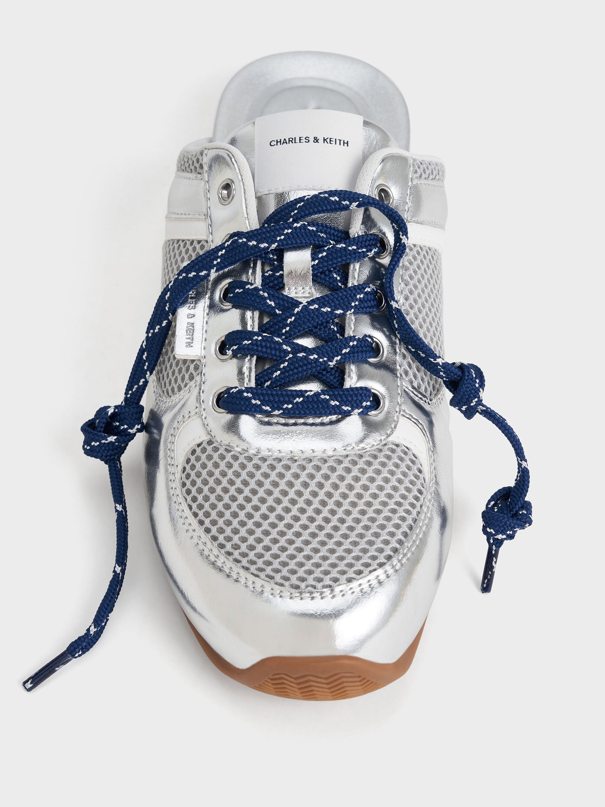 Metallic Mesh Lace-Up Sneaker Mules - Silver | CHARLES & KEITH