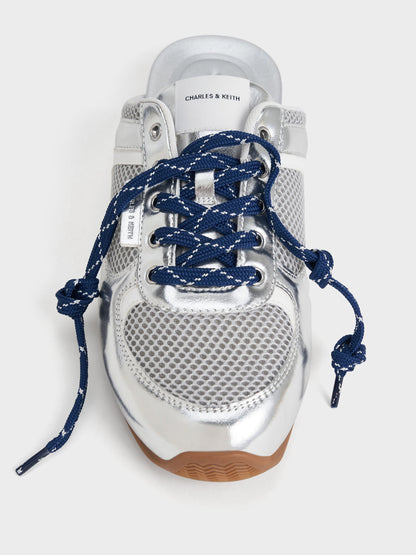 Metallic Mesh Lace-Up Sneaker Mules - Silver | CHARLES & KEITH