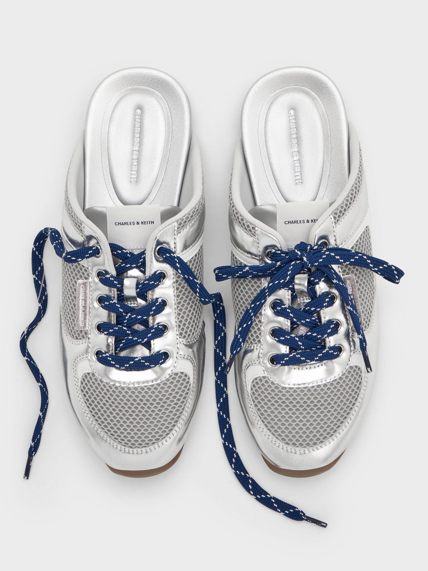 Metallic Mesh Lace-Up Sneaker Mules - Silver | CHARLES & KEITH