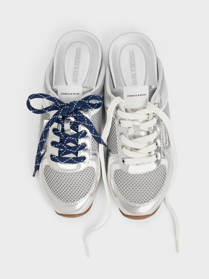 Metallic Mesh Lace-Up Sneaker Mules - Silver | CHARLES & KEITH