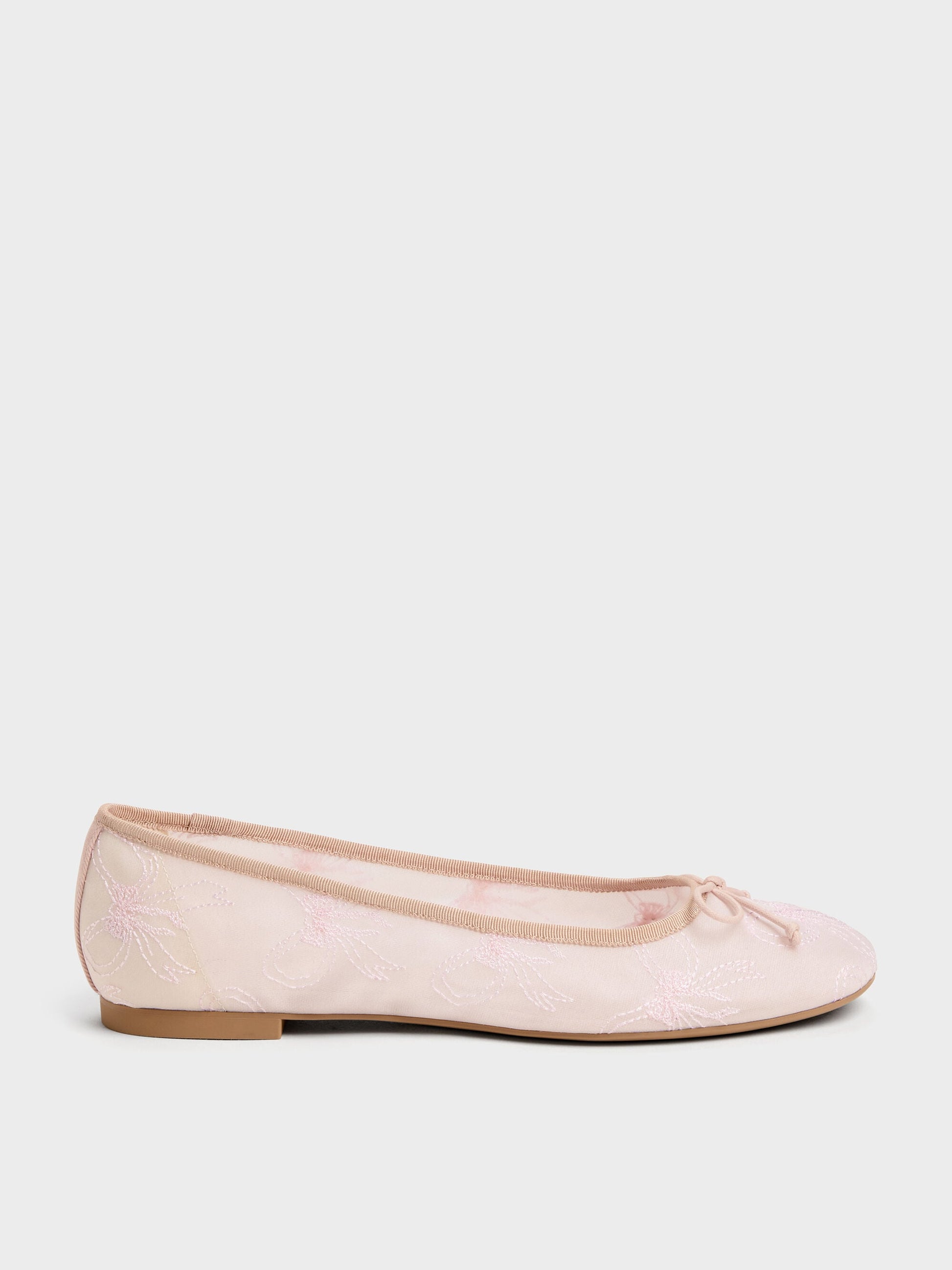 Embroidered-Mesh Bow Ballet Flats - Light Pink | CHARLES & KEITH