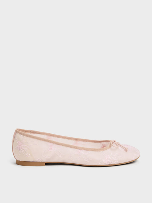 Embroidered-Mesh Bow Ballet Flats - Light Pink | CHARLES & KEITH