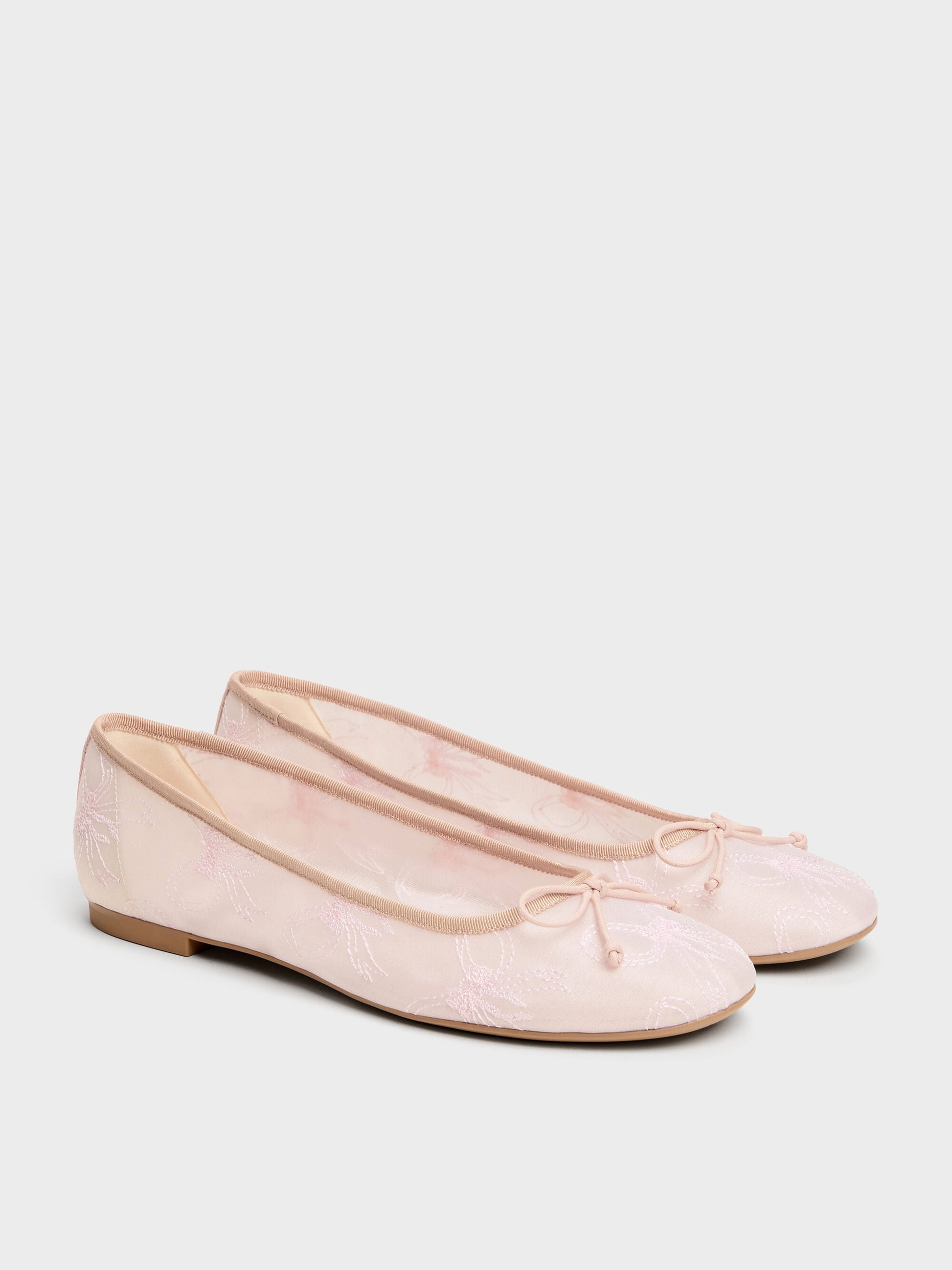 Embroidered-Mesh Bow Ballet Flats - Light Pink | CHARLES & KEITH