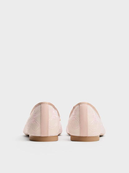 Embroidered-Mesh Bow Ballet Flats - Light Pink | CHARLES & KEITH
